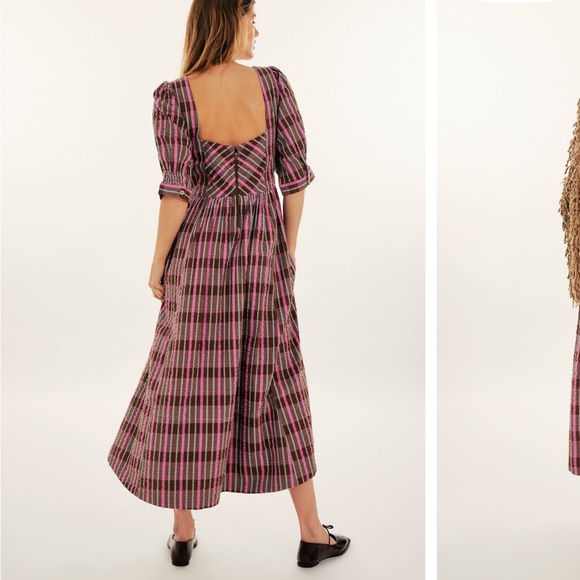 NEW Free People Tulie Plaid Midi Button Front Puff Sleeve Dress Pink Brown Combo - Picture 4 of 10